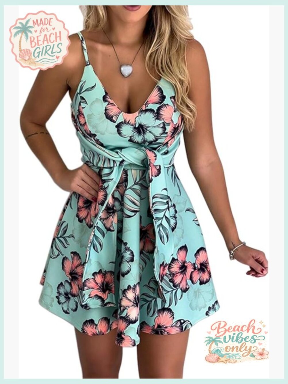 V Neck Mini Floral Spaghetti Strap Tie Knot Front Flowy Pleated Swing Dress